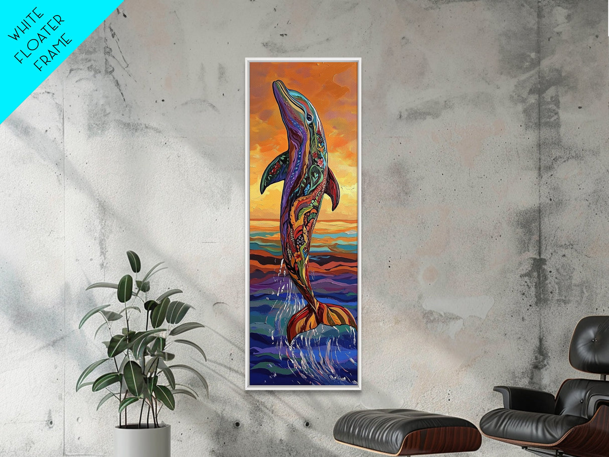 Dolphin Ocean, Sunset Splash, Vibrant marine wall decor Framed Canvas Print, colorful coastal boho art, beach house wall art