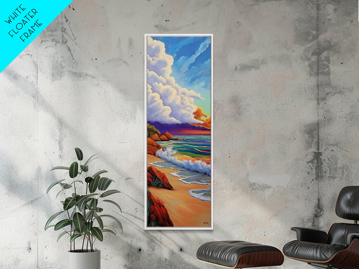 Peaceful Shoreline, Colorful Sunset, Framed Canvas Print ocean waves art, colorful sunset beach painting, vibrant sky seascape, nature art