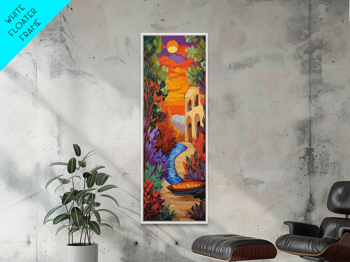 Sunset River, Autumn Glow – Framed Canvas Print fall foliage landscape art, moody abstract painting, warm tones hallway wall art, boho decor