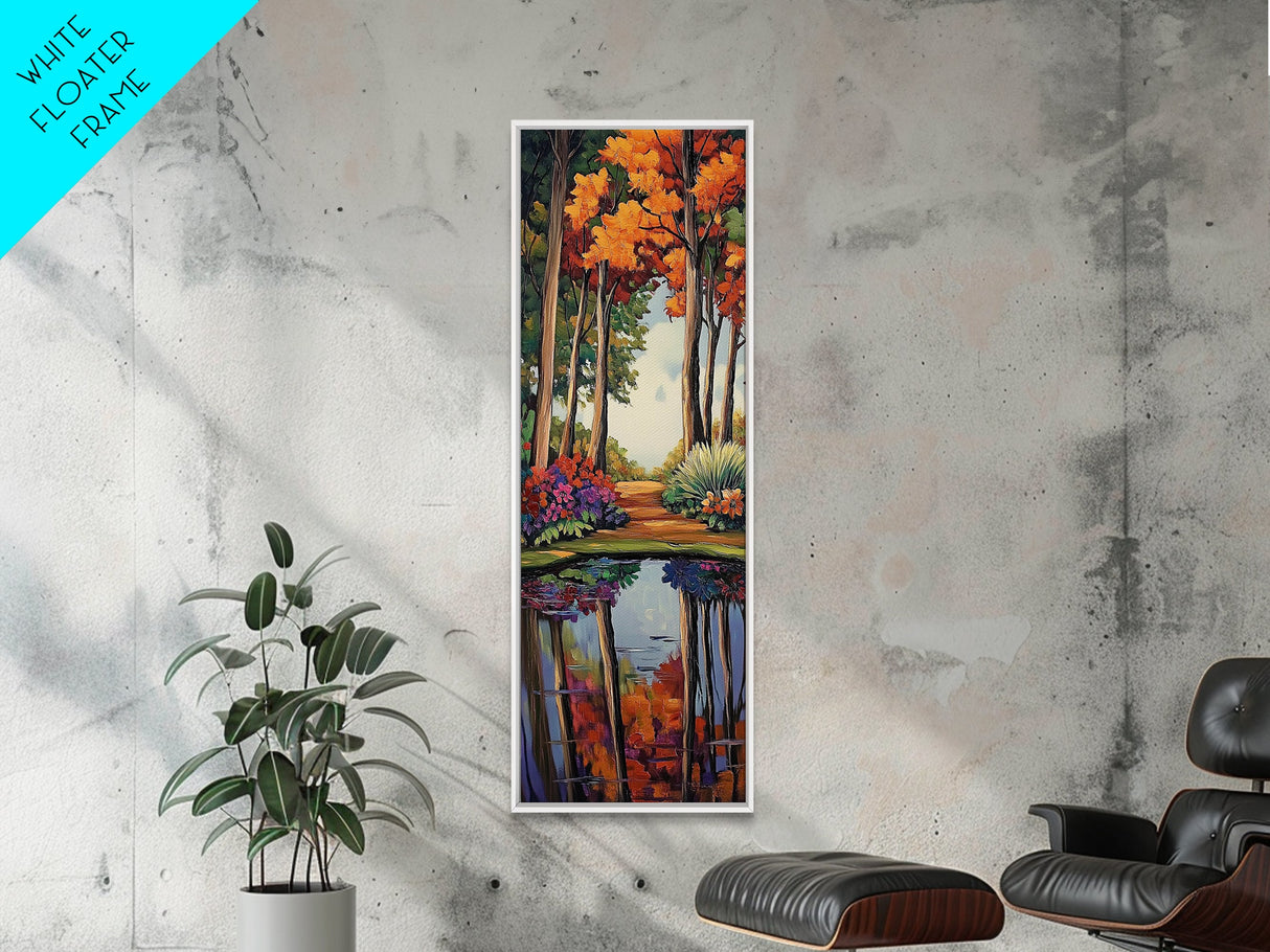 Autumn, Trees, Reflection, Forest - Framed Canvas Print, Fall Foliage Wall Art, Nature Scene Living Room Decor, Warm Seasonal Forest Painting