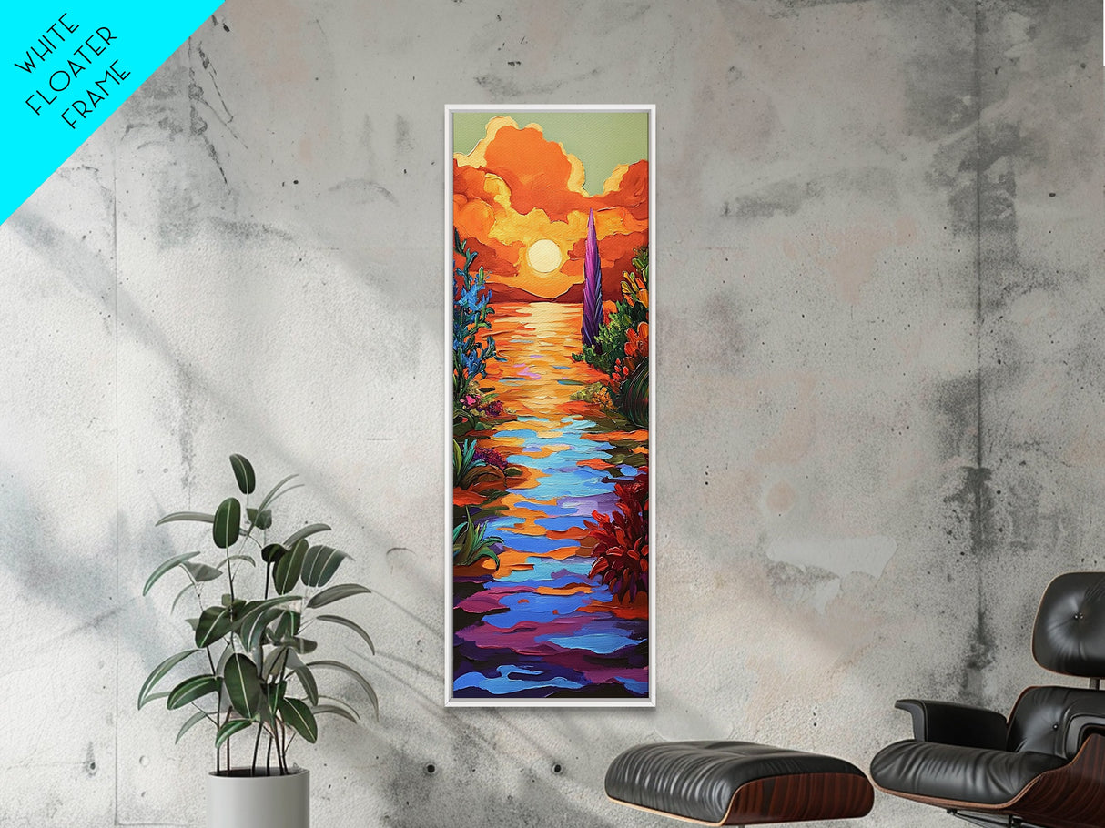 Sunset, Vibrant, Tropical, Sky - Framed Canvas Print, Colorful Beach Wall Art, Bold Living Room Decor, Coastal Sunset Summer Vibes Painting
