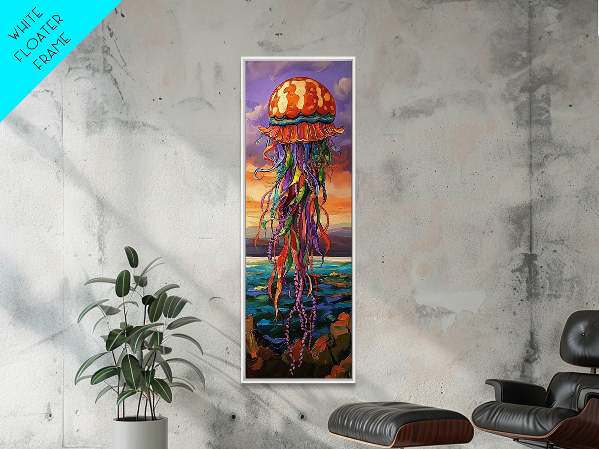 Jellyfish, Ocean, Fantasy, Color, Framed Canvas Print, Underwater coastal wall art, vibrant kids room decor, marine boho style painting