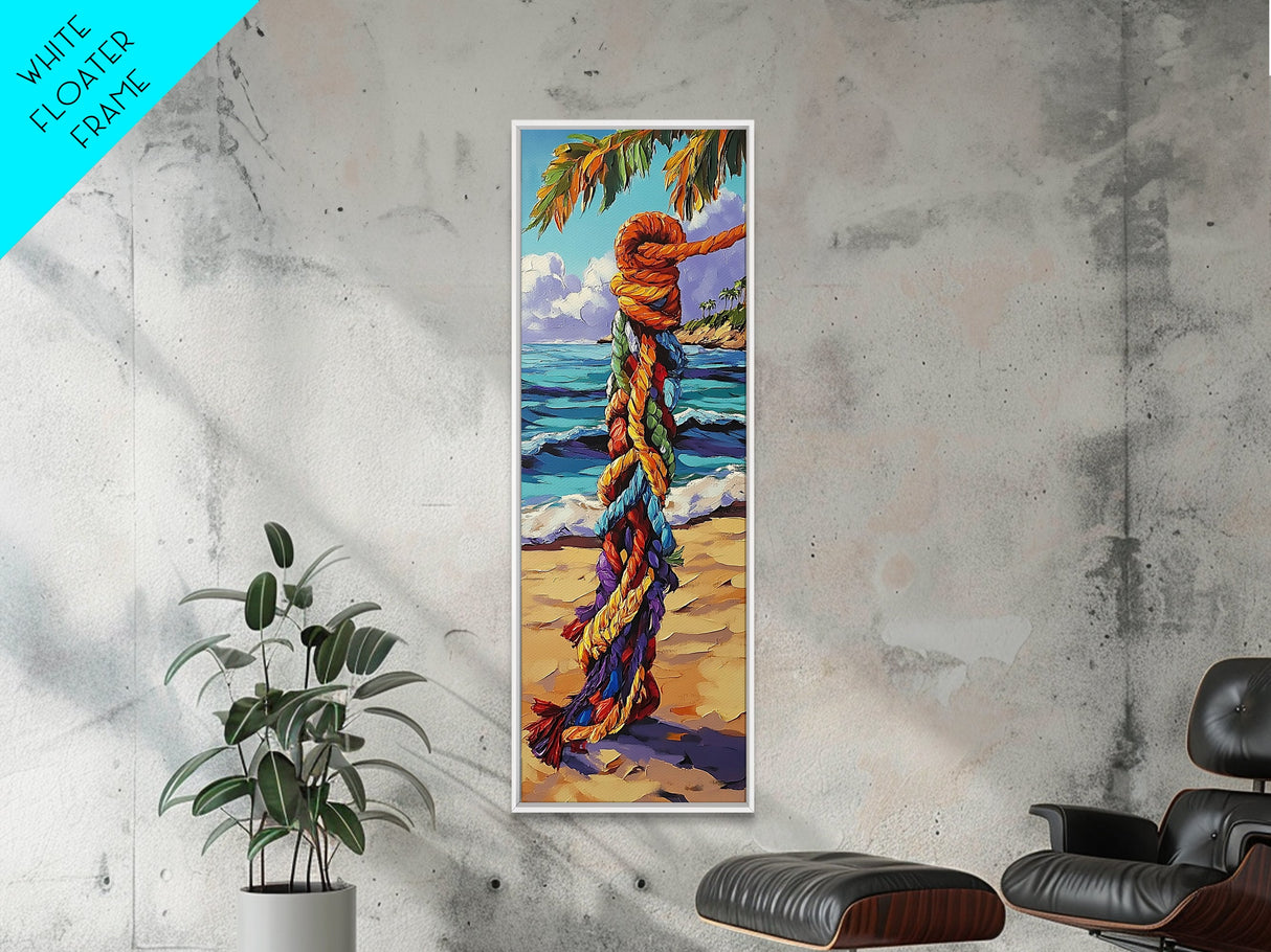 Beach, Rope, Colorful, Tropical, Framed Canvas Print, Nautical Wall Art, Coastal Boho Decor, Beach House Accent, Bright Living Room Art