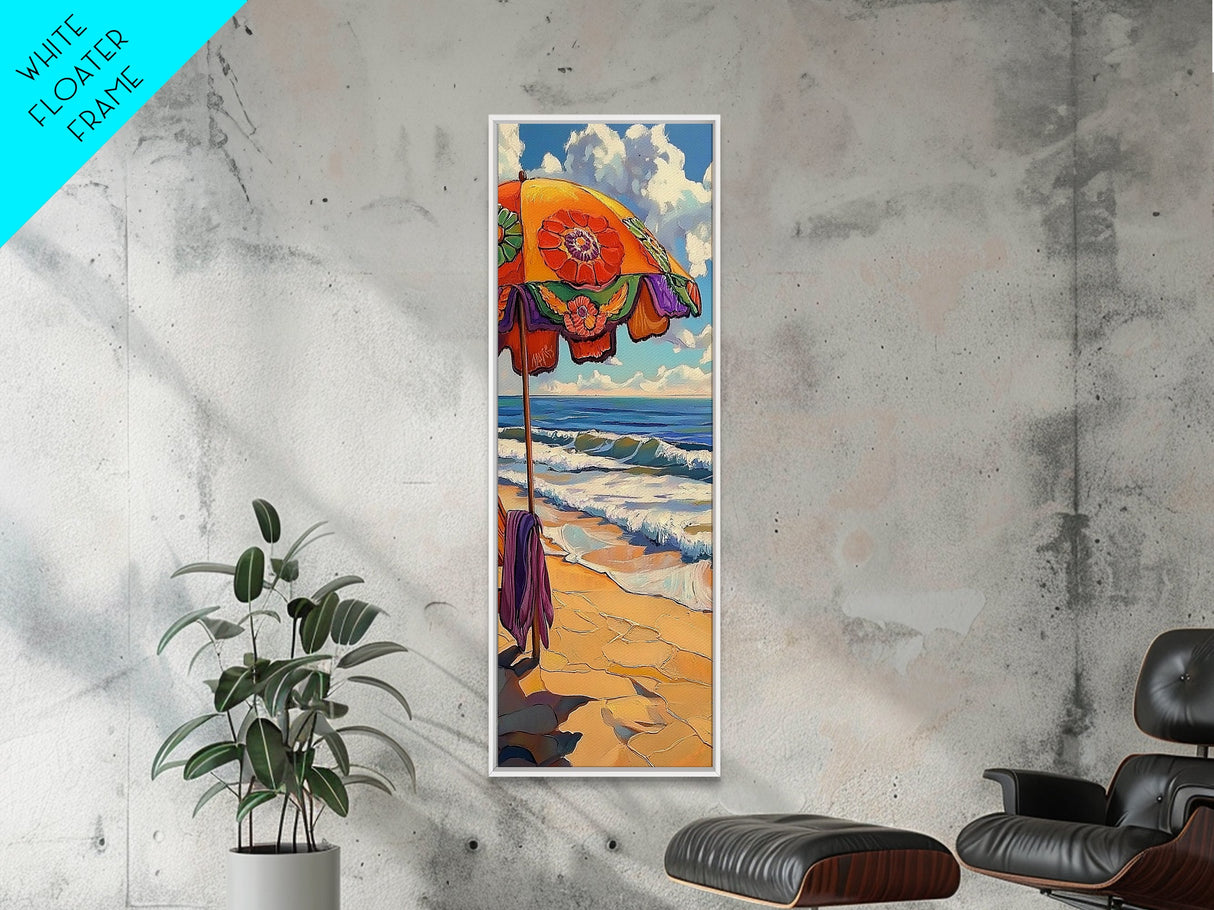 Beach, Umbrella, Waves, Retro Summer Vibes Coastal Framed Canvas Print, Colorful Ocean Wall Art, Beach House Decor, Living Room Art