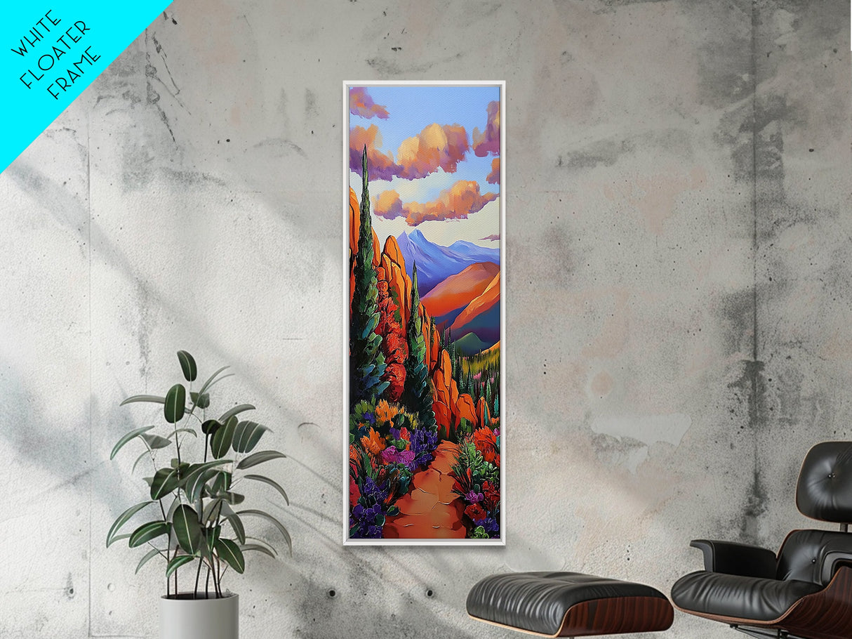 Desert, Mountains, Bold, Colors, Framed Canvas Print with red rock trail, southwest boho decor, hallway art, vibrant mountain landscape