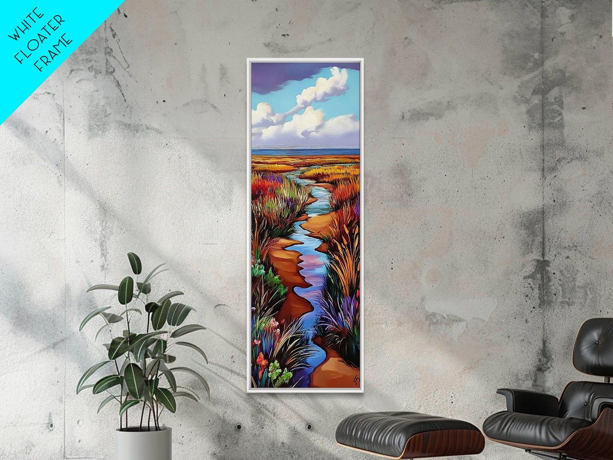 Wildflower, Marsh, Coastal, Path, Framed Canvas Print with golden autumn grasses, colorful marshland, farmhouse entryway wall decor