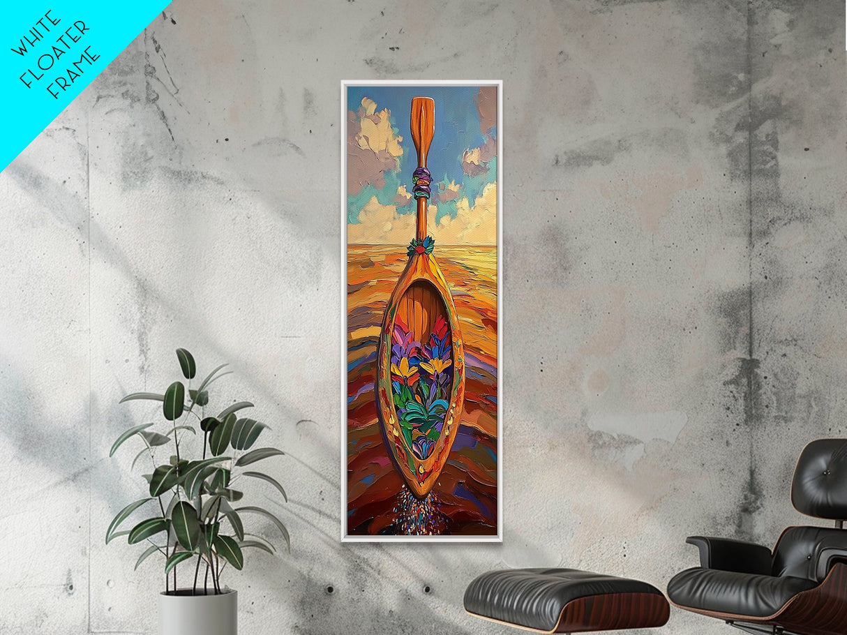 Oar, Flowers, Sea, Paddle - Framed Canvas Print, Coastal Boho Art, Colorful Nautical Decor, Beach House Wall Art, Hallway Canvas Piece