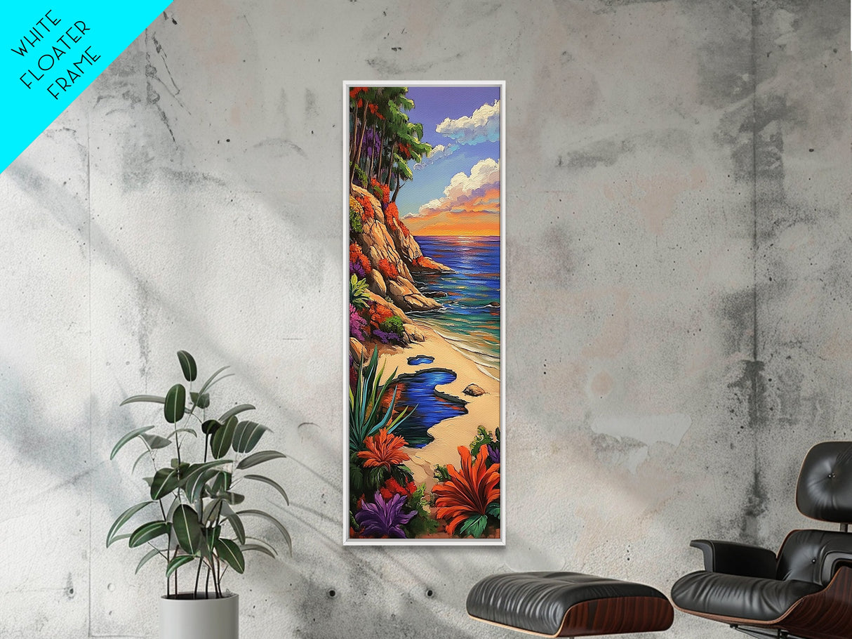 Secluded Beach, Tropical Cliffs, Colorful Coastal Nature Art, Summer Getaway Style, Ocean View Decor, Framed Canvas Print