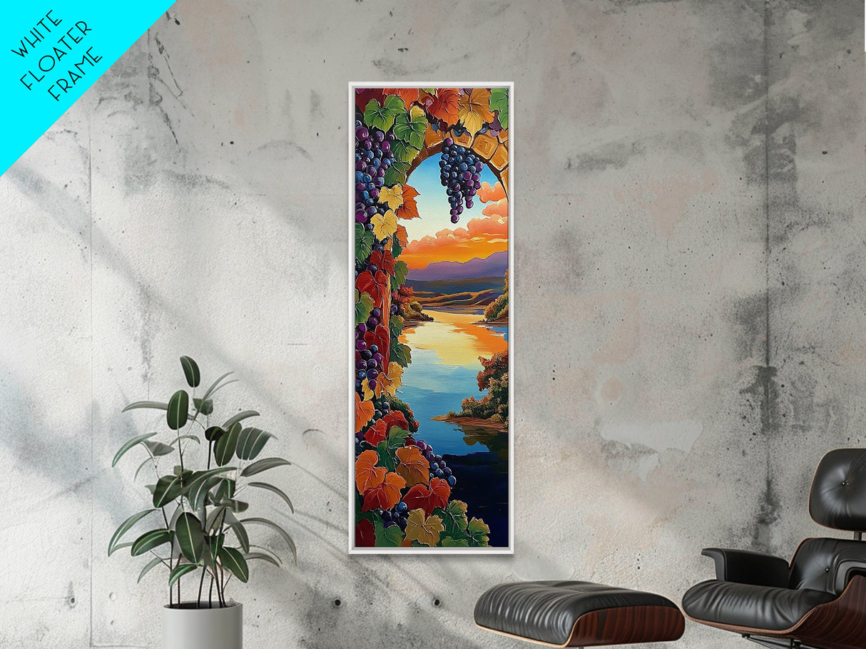 Grapevine Sunset, River, Wine Country Landscape Framed Canvas Print, Kitchen Wall Art, Autumn Boho Decor, Colorful Vineyard Scene