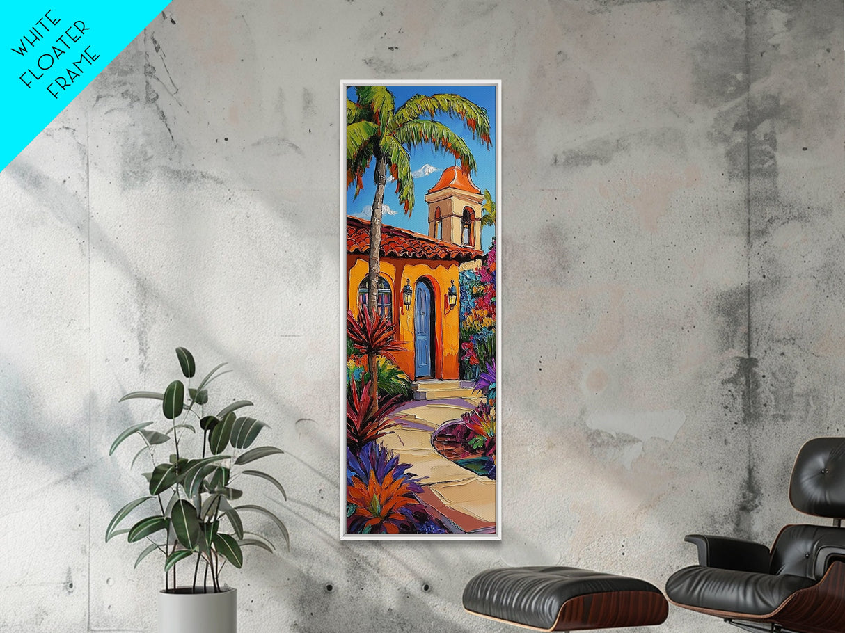 Spanish Villa, Garden, Tropical House Framed Canvas Print, Southwestern Wall Decor, Vibrant Living Room Art, Colorful Home Scene