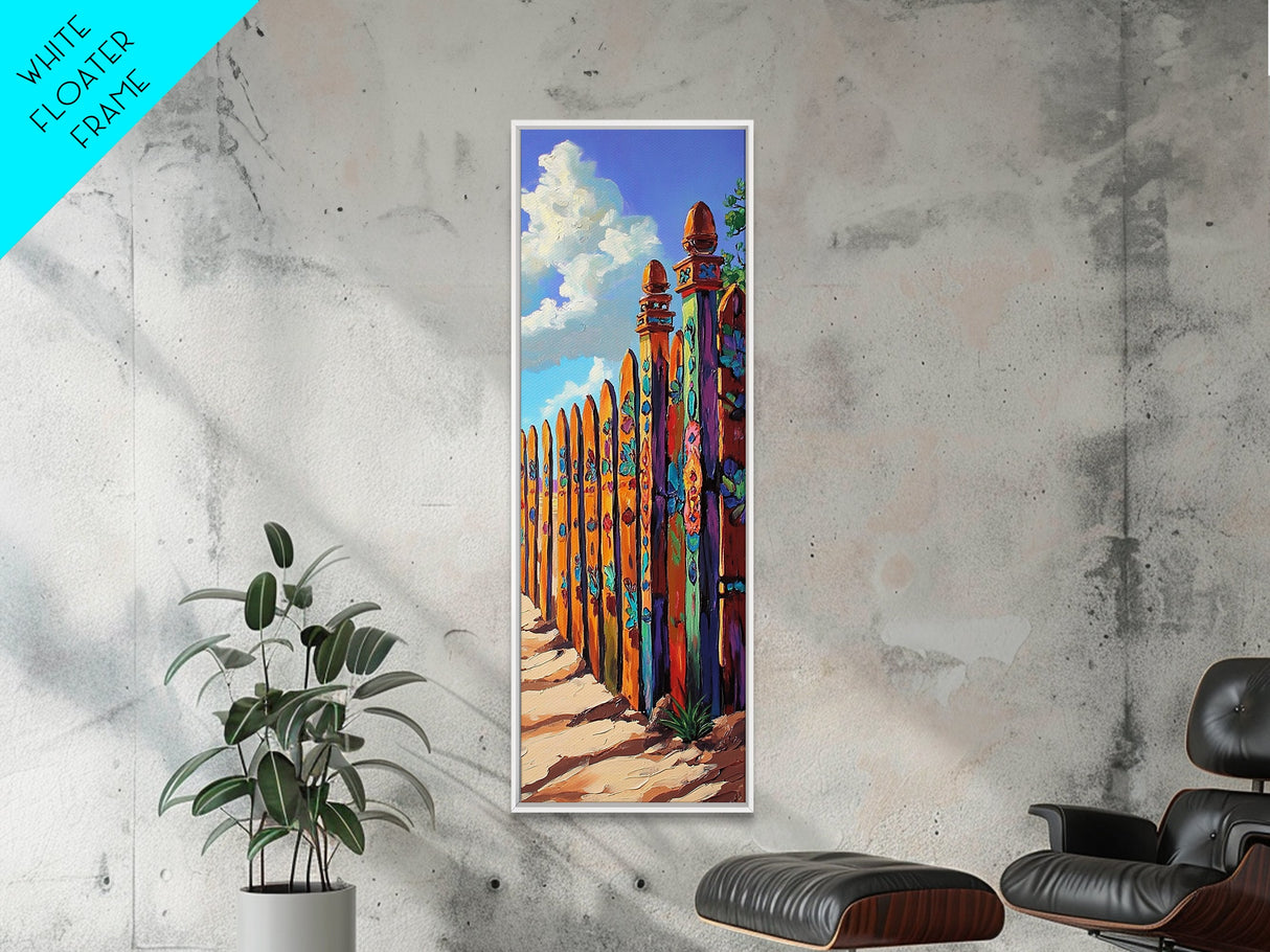 Fence Desert, Colorful, Southwest Boho Vibes Framed Canvas Print, Rustic Living Room Art, Eclectic Wall Decor, Vibrant Folk Style