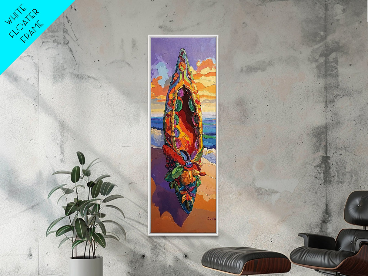 Canoe Beach, Sunset, Vibrant Boat Art Framed Canvas Print, Coastal Wall Decor, Tropical Living Room Art, Colorful Boho Adventure Scene