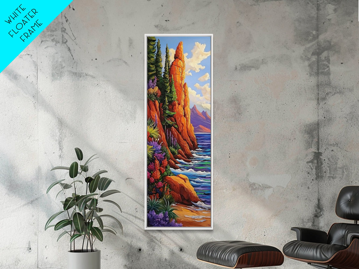 Rocky Shore, Wildflowers, Nature Trail, Framed Canvas Print, autumn coastal wall art, mountain and sea landscape, rustic home decor