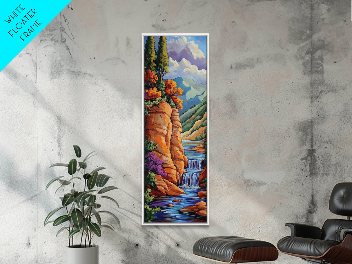 Mountain Stream, Waterfall Glow, Fall Colors, Framed Canvas Print, rustic autumn landscape, cozy cabin or lodge wall art, nature lover gift