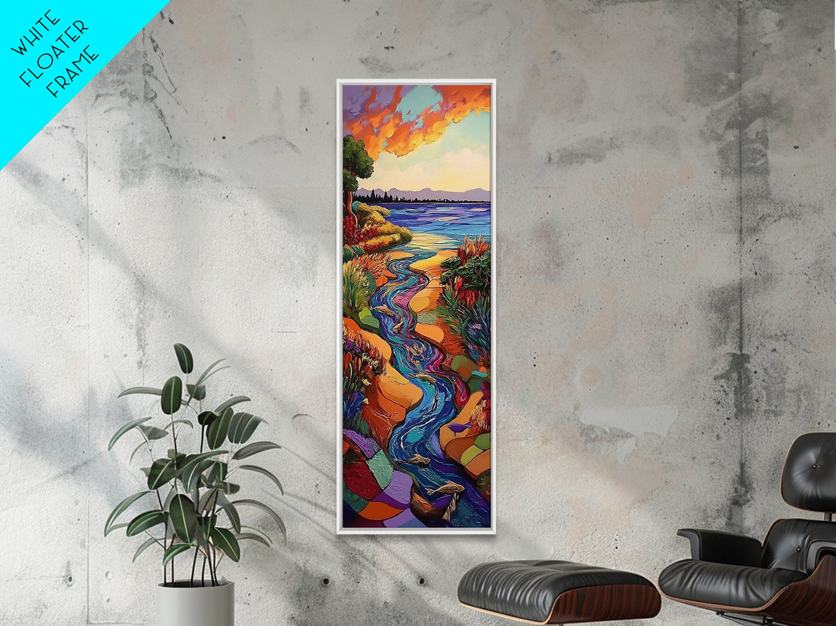 Sunset River, Landscape, Painting, Framed Canvas Print, Vibrant sunset river wall art, nature home decor, mountain style, hallway wall art
