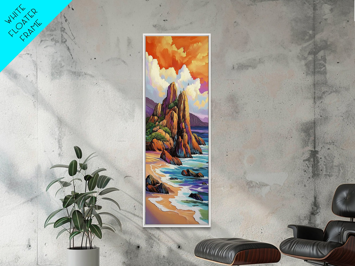 Seascape Beach, Sunrise, Rocks, Framed Canvas Print, Coastal seascape beach painting, vivid sunrise wall decor, coastal living room wall art