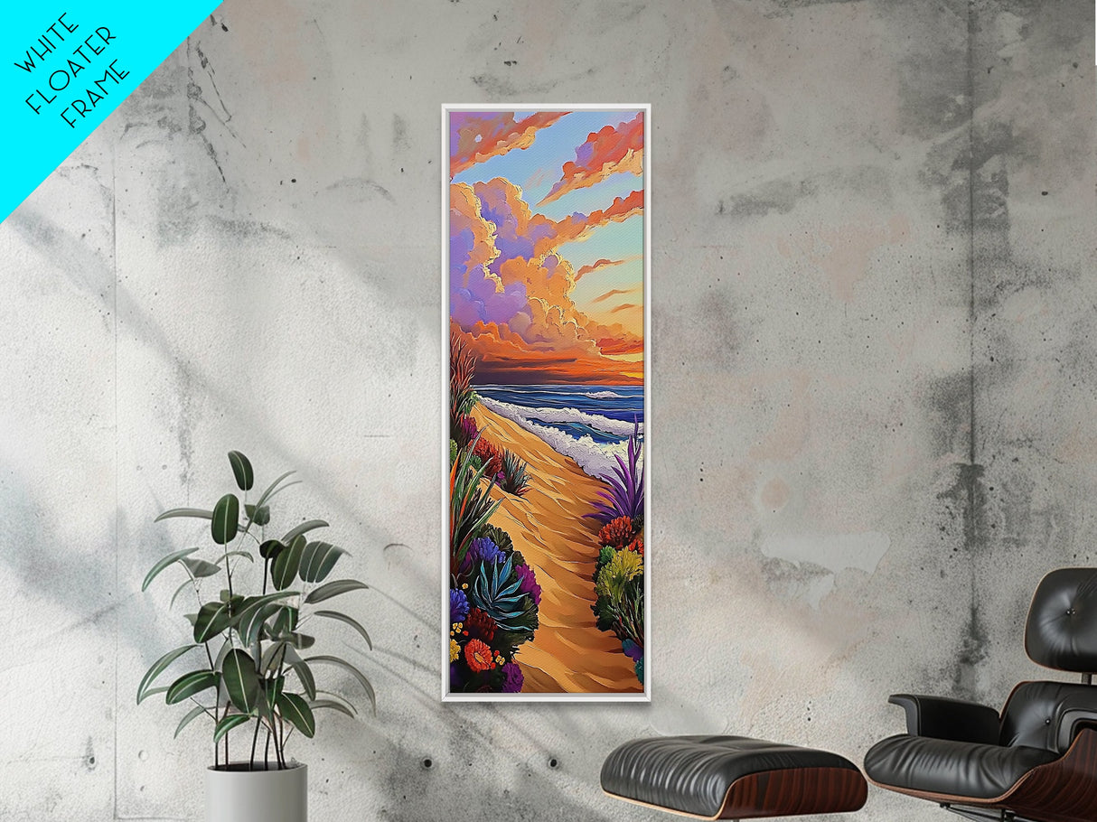 Seaside Sunset, Floral, Ocean Pathway Canvas Print, Vibrant Beach Decor, Coastal Hallway Wall Art, Bold Bohemian Beach Painting