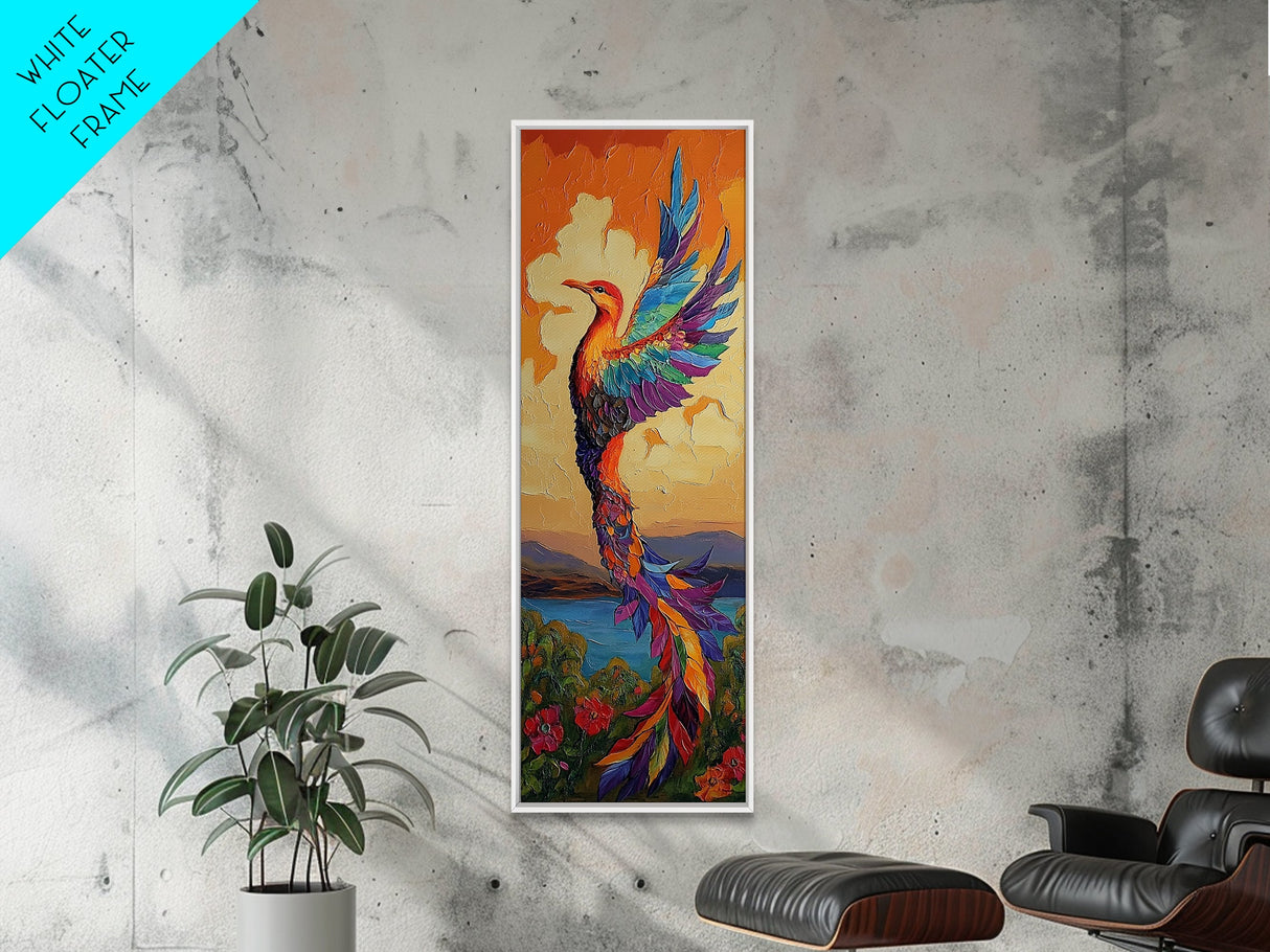 Phoenix Firebird, Sunset, Framed Canvas Print, Vibrant Mythical Wall Art, Boho Spirit Animal Decor, Bold Bedroom Statement Piece