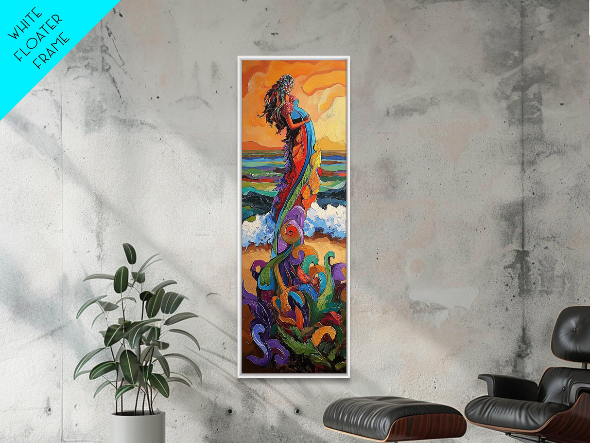 Mother Ocean, Rainbow, Canvas Print, Colorful mother nature figure by ocean painting, whimsical spiritual art, meditation room wall art