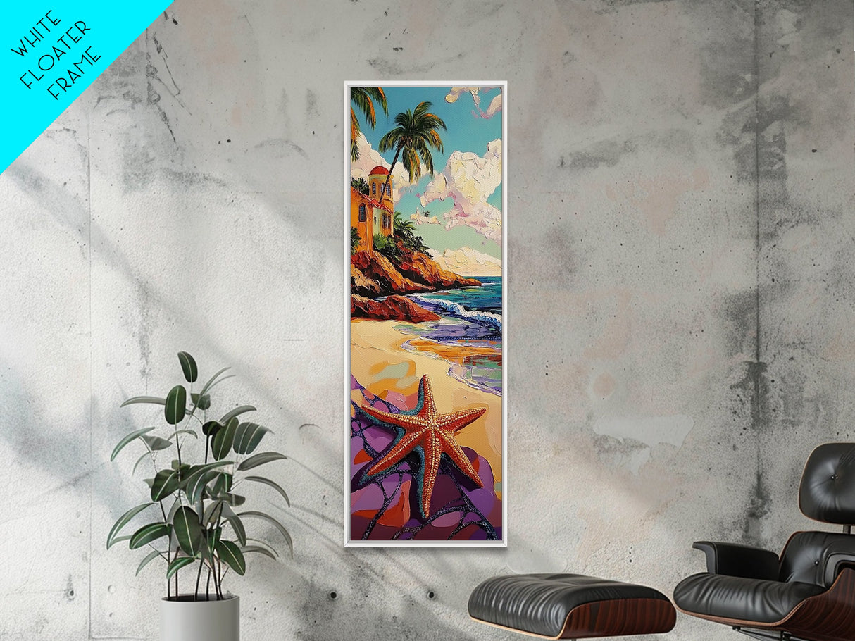 Starfish Beach, Tropical, Canvas Print, Coastal starfish painting with vivid shore and ocean view, beach house decor, guest room wall art