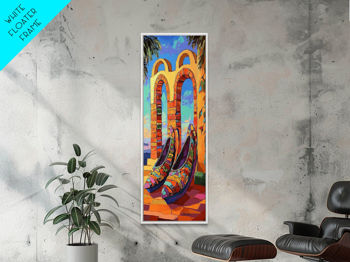 Shoes Archway, Sunset, Canvas Print, Colorful heels with sunset archway background painting, eclectic fashion art, bedroom decor