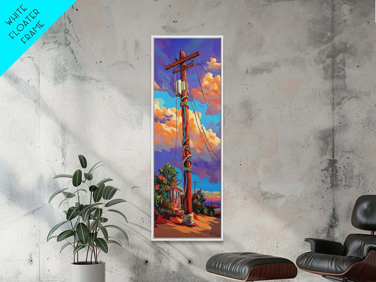 Telephone Pole, Sunset, Framed Canvas Print, Urban Wall Art, Southwest Landscape Decor, Colorful Street Scene, Eclectic Room Accent