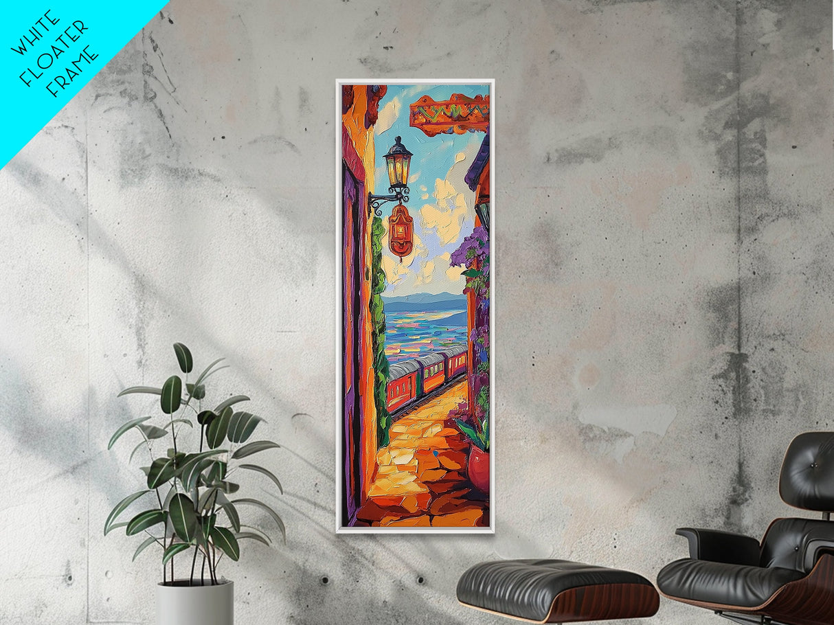 Train Seaside, Pathway Charming — Framed Canvas Print, whimsical travel artwork, Mediterranean street painting, kitchen decor, coastal scene