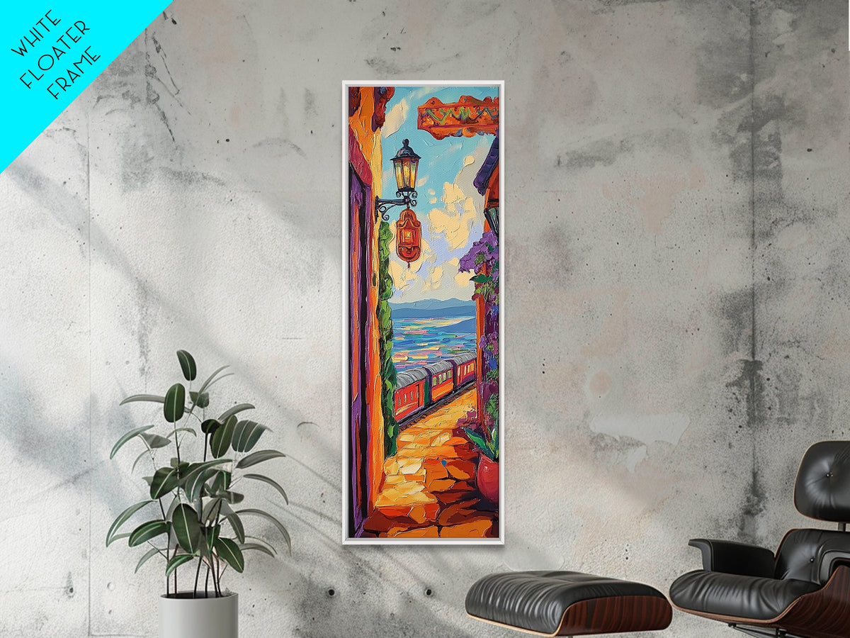Train Seaside, Pathway Charming — Framed Canvas Print, whimsical travel artwork, Mediterranean street painting, kitchen decor, coastal scene