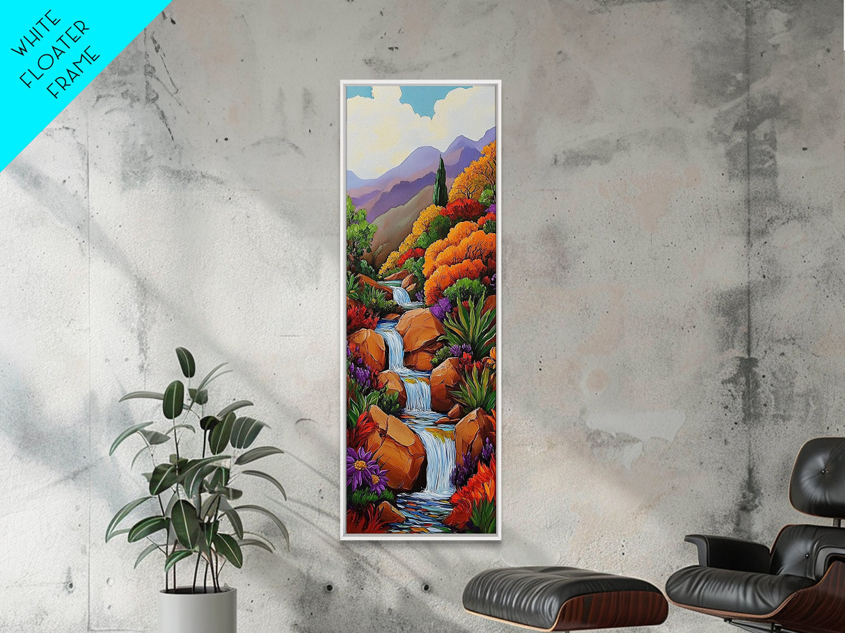Waterfall Garden, Autumn Colors, Mountain Landscape Art, Framed Canvas Print, Nature Scene Wall Decor, Cozy Living Room Accent