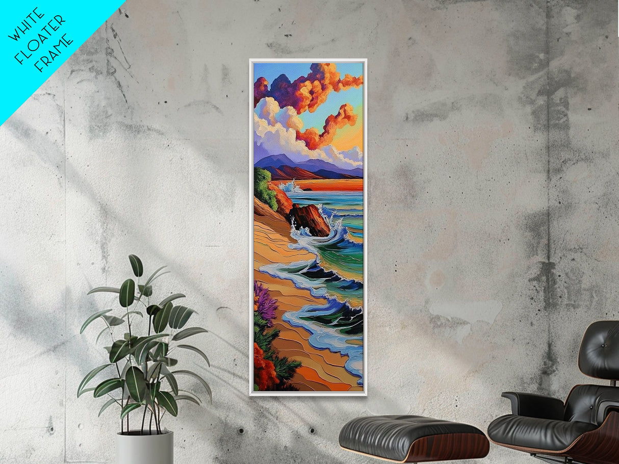 Sunset Beach, Bold Coastline, Ocean Horizon Art, Framed Canvas Print, Modern Landscape Wall Art, Vibrant Living Room Seascape