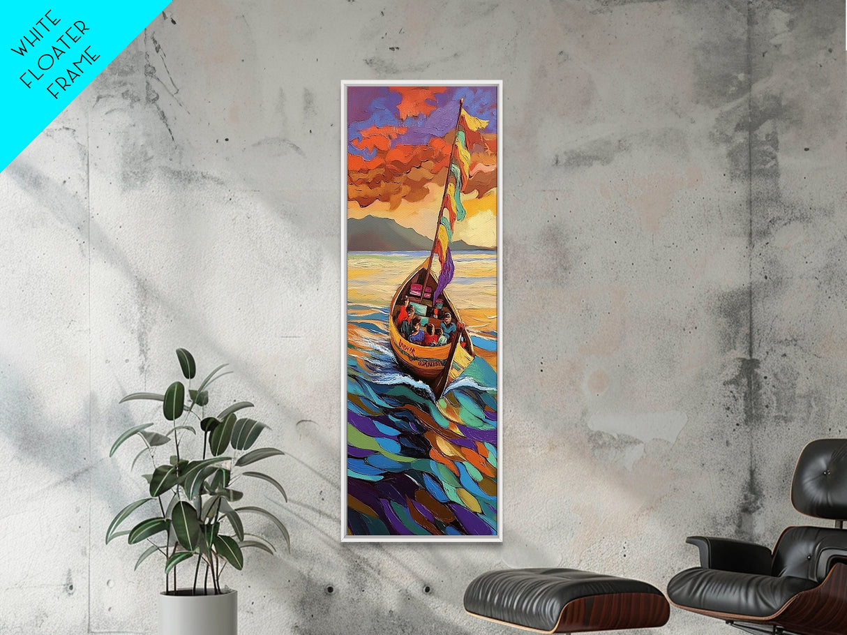 Colorful Boat, Sunset Sea, Vibrant Ocean Scene, Framed Canvas Print, Coastal Wall Decor, Eclectic Living Room Art, Nautical Wall Art