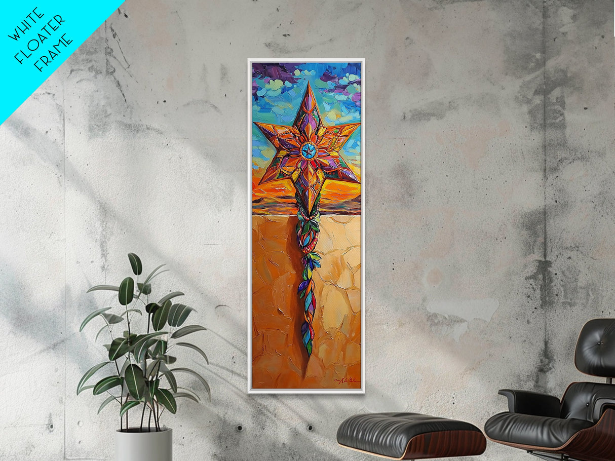 Star Cross, Colorful Sky, Spiritual Folk Symbol, Framed Canvas Print, Southwestern Wall Art, Vibrant Entryway Decor, Festive Religious Art