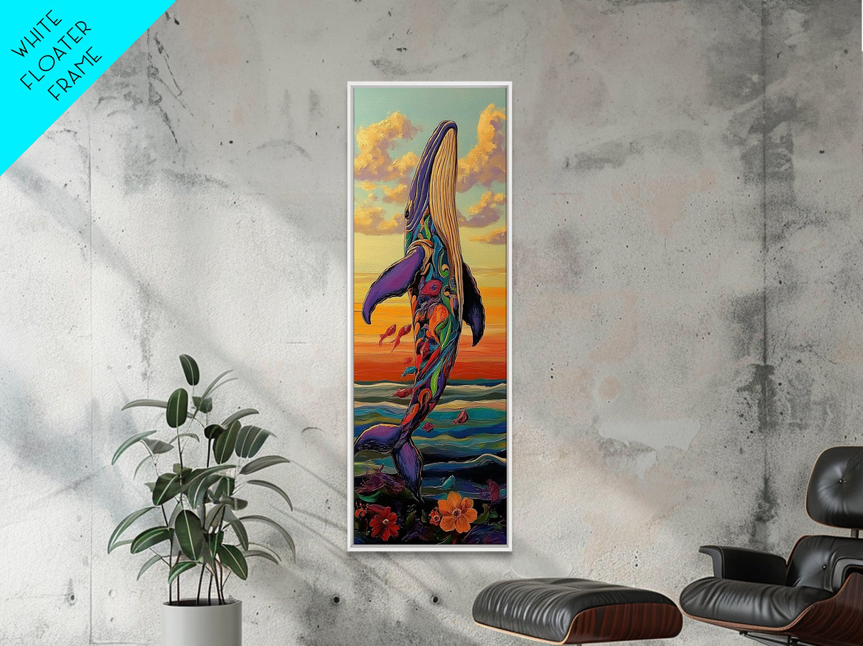Rainbow Whale, Vibrant Ocean, Fantasy Sea Life, Framed Canvas Print, Whimsical Coastal Wall Art, Eclectic Living Room Nautical Decor