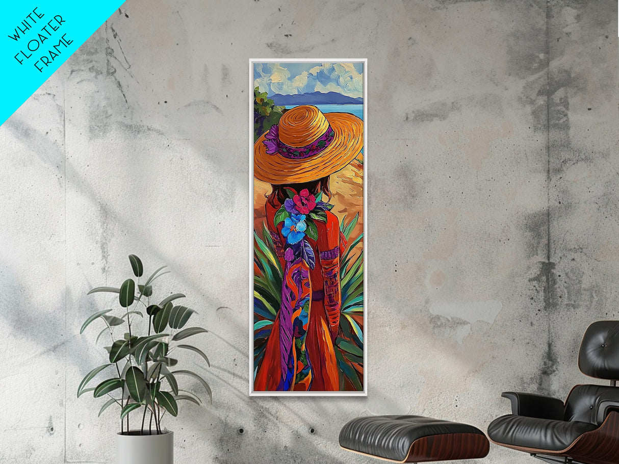Woman Hat, Flowers, Beach, Canvas Print, Boho Wall Art, Coastal Bedroom Decor, Mexican Art Style, Colorful Summer Wall Accent