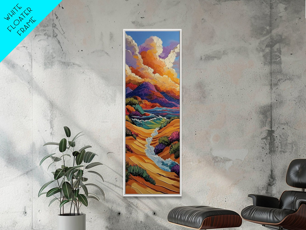 Dunes River, Mountains, Sunset, Framed Canvas Print, southwestern art, fall landscape painting, rustic home hallway wall decor