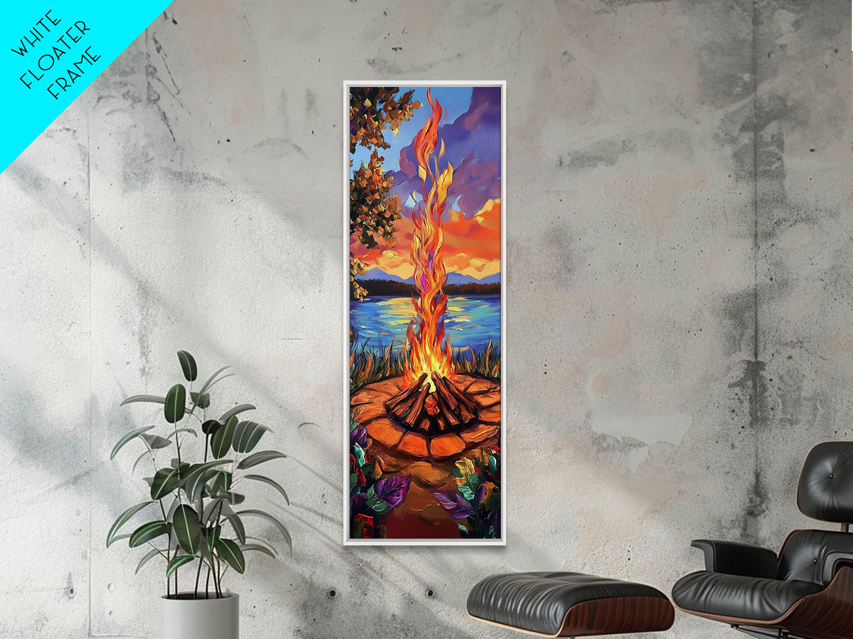 Campfire Flames, Sunset Lake – Rustic Firepit Wall Art, Cozy Cabin Vibes, Autumn Nature Scene, Framed Canvas Print, Lodge Decor