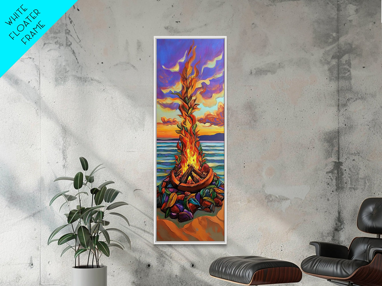 Vibrant Campfire, Sunset Beach – Colorful Beach Bonfire Painting, Fall Outdoor Wall Art, Framed Canvas Print, Cabin Living Room Style