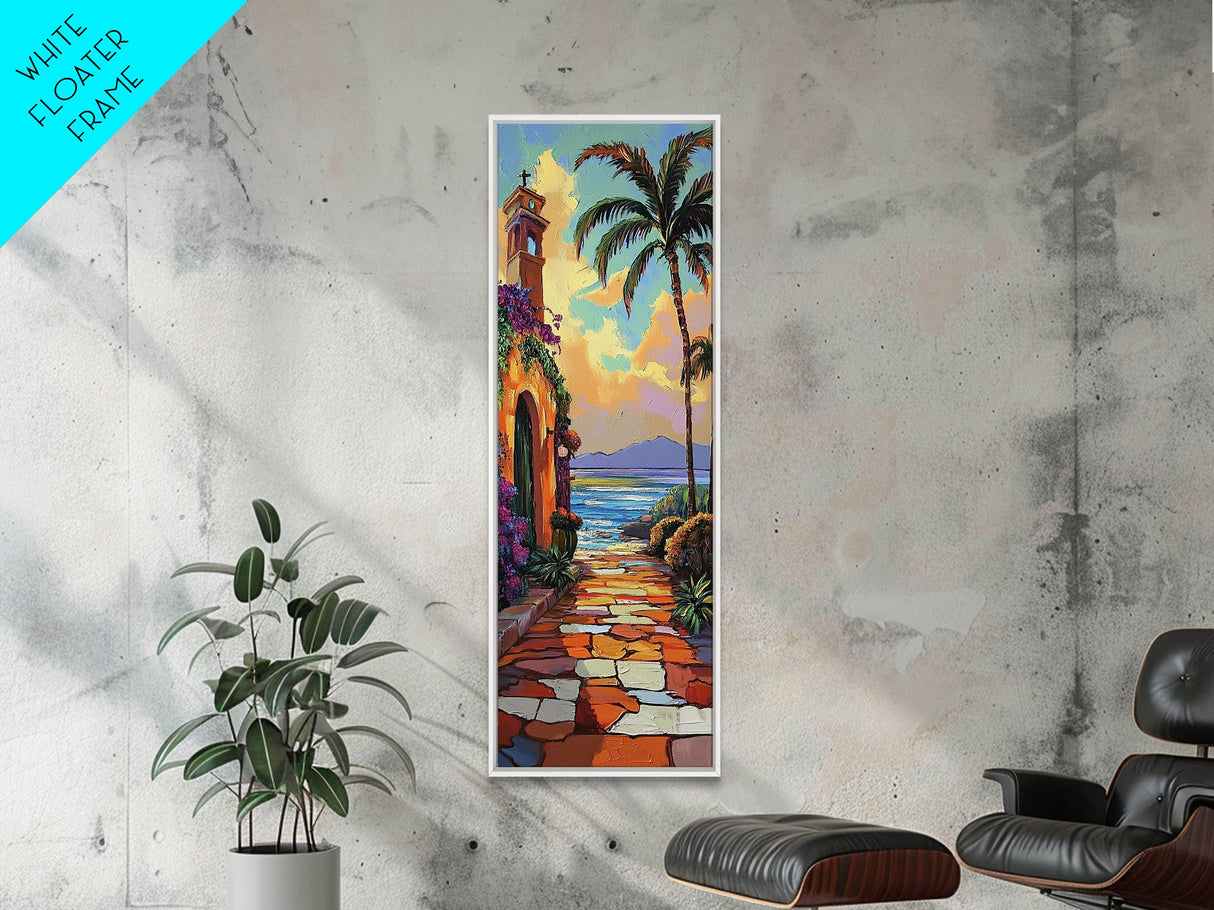 Seaside Church, Palms, Sunset - Framed Canvas Print, Mediterranean beach painting, boho villa wall art, living room or hallway accent piece