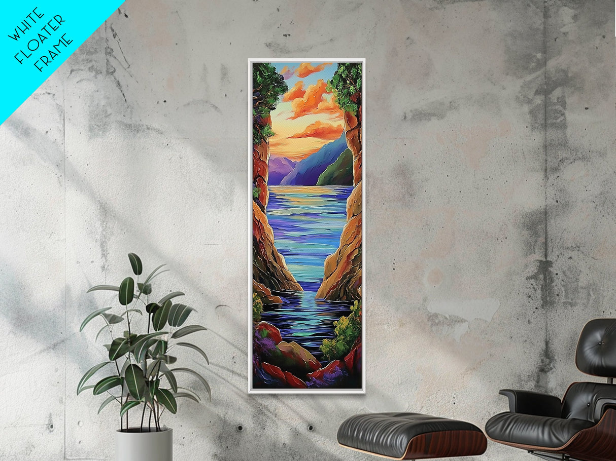 Mountain Canyon Sunset Water, Canvas Print, Sunset wall art, serene canyon lake painting, nature inspired hallway decor, boho peaceful print