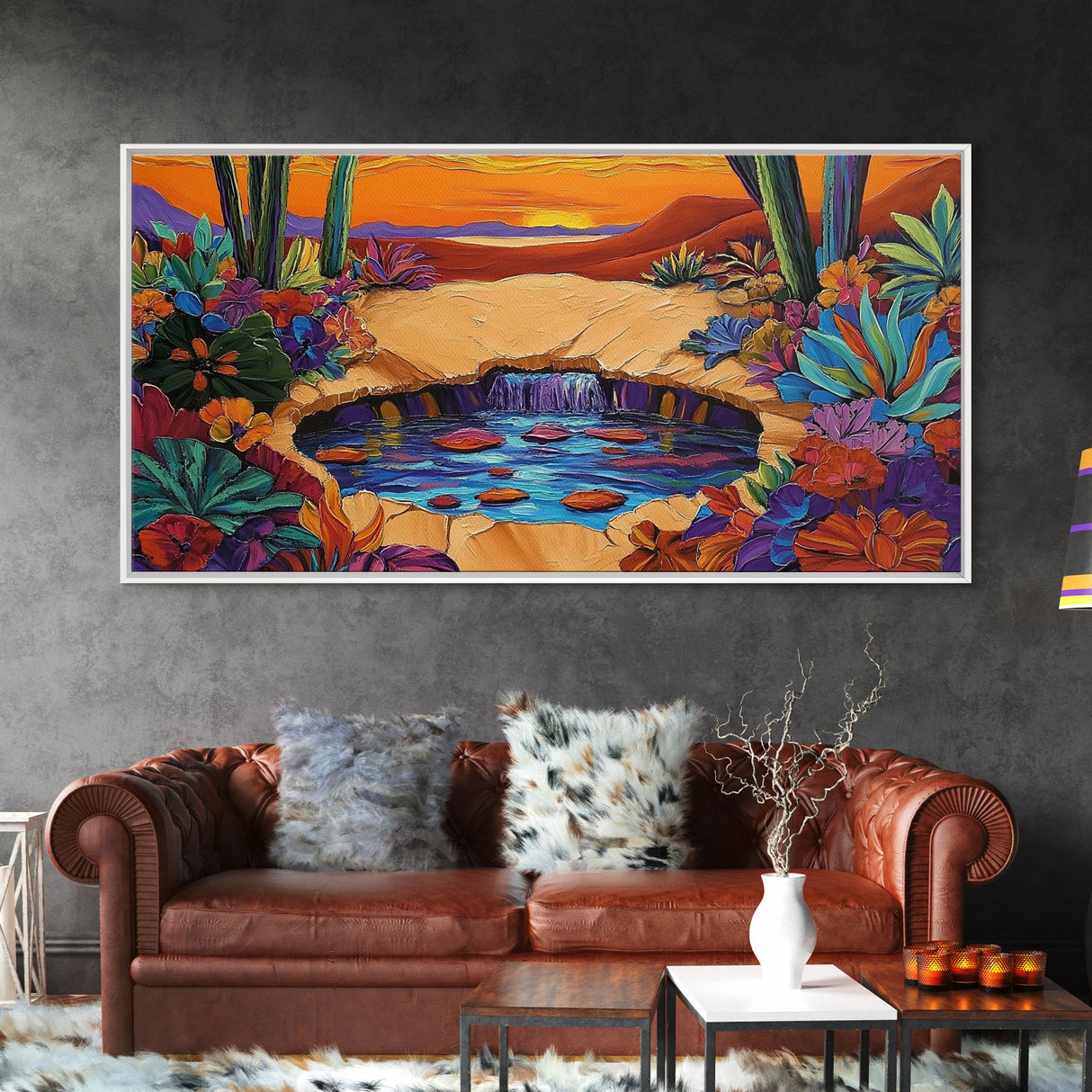 Sunset Cactus, Oasis, Vibrant Desert Canvas Print, Boho Living Room Wall Art, Colorful Sunset Painting, Southwest Style Artwork