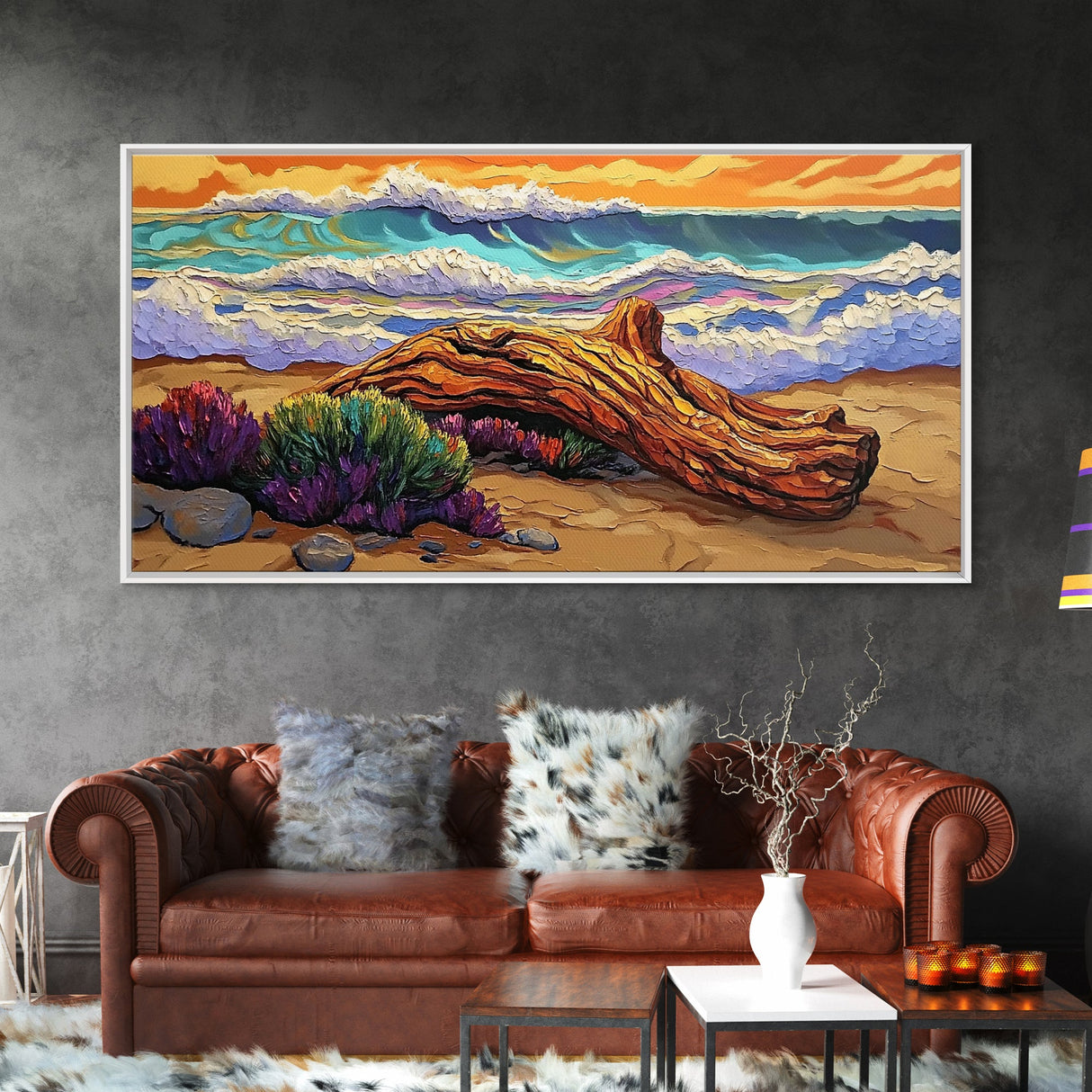 Coastal Driftwood, Waves, Sunset, Framed Canvas Print, ocean beach decor, colorful seascape, tropical wall art, living room wall art