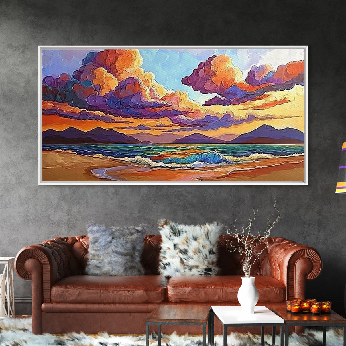 Colorful Sunset, Clouds, Mountains, Framed Canvas Print vibrant beach wall decor, sky and sea painting, boho art, coastal living room