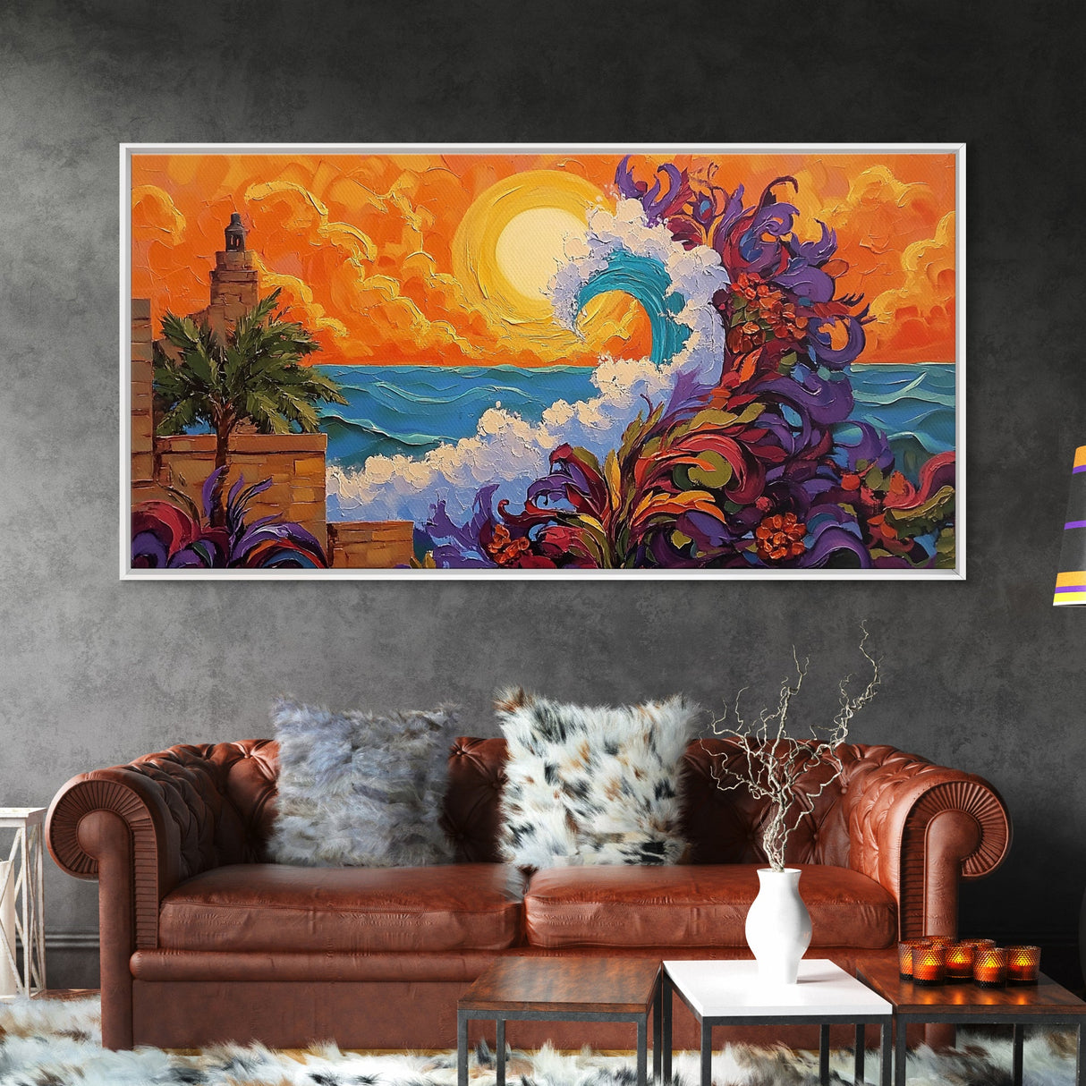 Ocean Wave, Sunset, Lighthouse, Framed Canvas Print vibrant coastal art, whimsical seascape painting, tropical decor, beach wall art