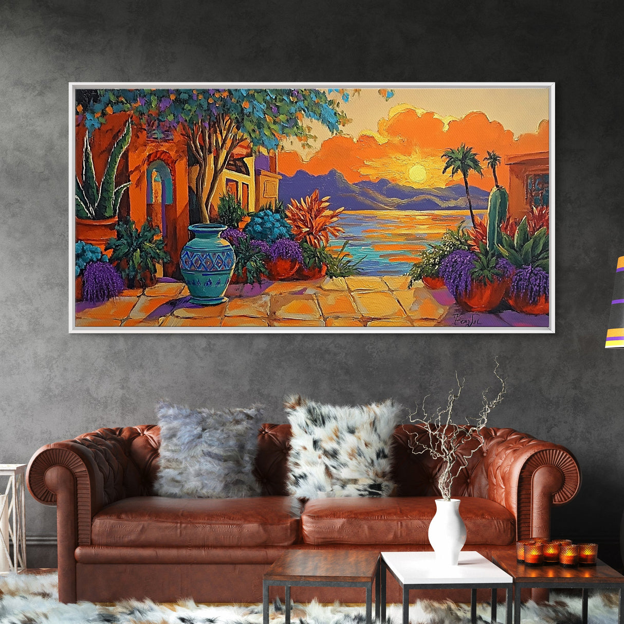 Sunset Courtyard, View, Vibrant sunset courtyard scene with ocean and mountain backdrop, Framed Canvas Print, kitchen wall art