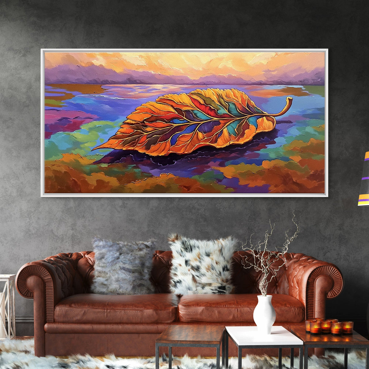 Leaf Autumn, Abstract, Abstract multicolor leaf on vibrant landscape background, Framed Canvas Print, Fall seasonal art, leaf print