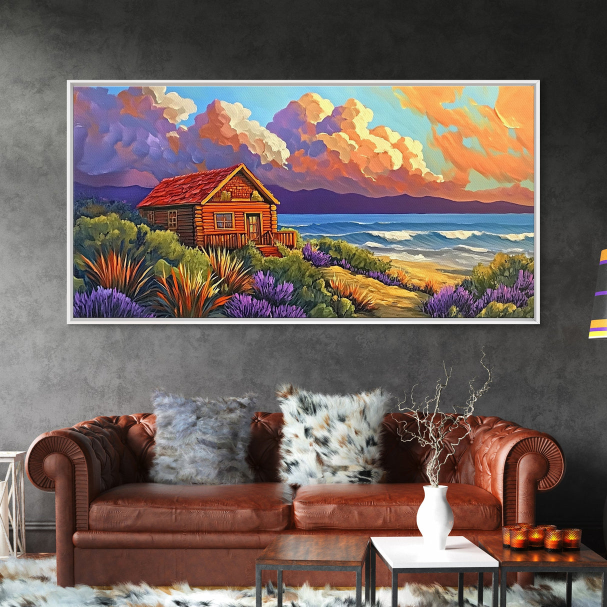 Cabin by Ocean, Colorful Beach Sunset, Cloudy Sky Art, Canvas Print, Autumn Wall Decor, Cozy Living Room Art, Rustic Coastal Scene