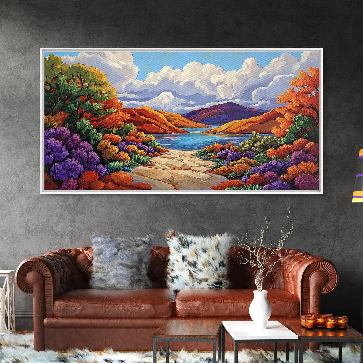 Canyon Lake Path, Colorful Wildflowers, Bold Autumn Hills, Framed Canvas Print, Nature Inspired Wall Art, Southwestern Decor