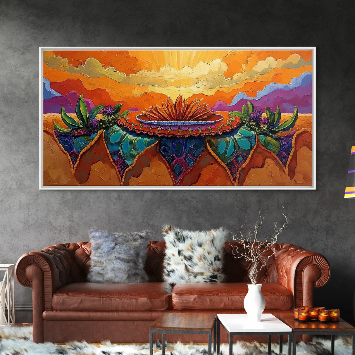 Sunrise Desert, Bloom, Canvas Print, Vibrant desert sunrise painting, boho southwestern art, Bedroom Wall Art, botanical decor