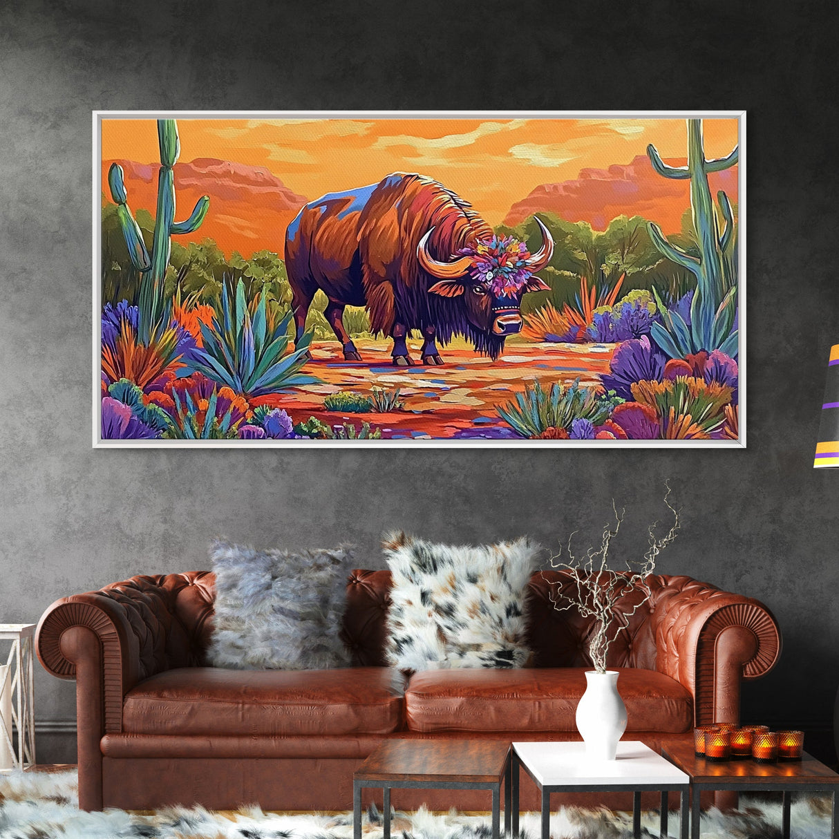 Buffalo Desert, Flowers, Canvas Print, Western buffalo art, colorful desert scene, ranch decor, Office Wall Art, Autumn Wall Art
