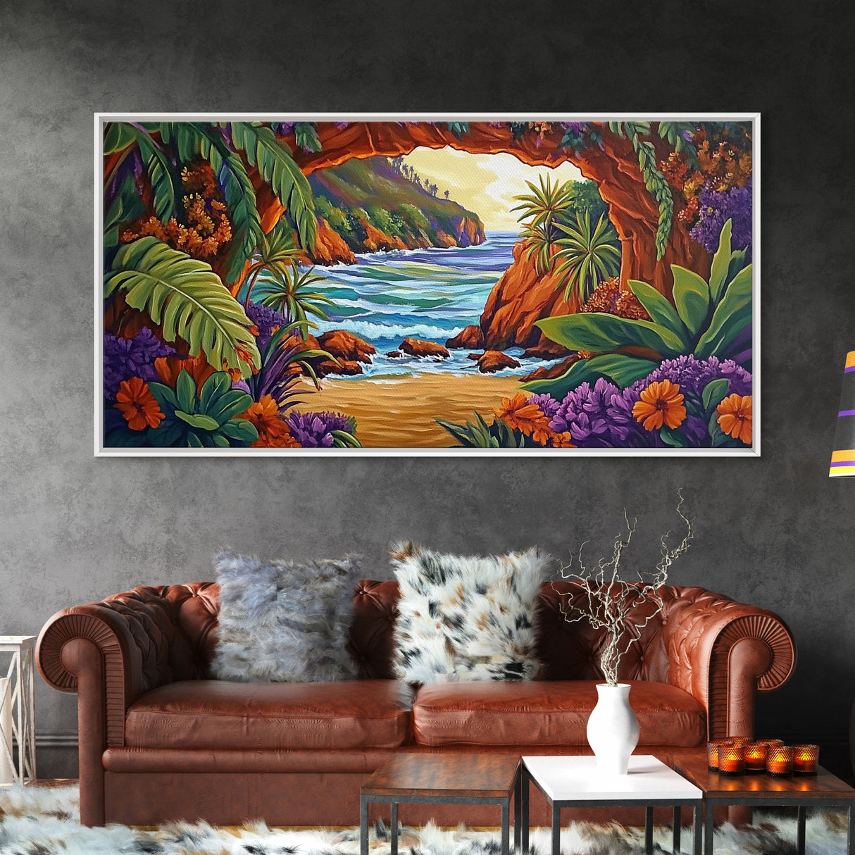 Tropical Archway, Ocean, Sunset, Framed Canvas Print, Coastal Decor, Tropical Wall Art, Landscape Painting, Living Room Artwork